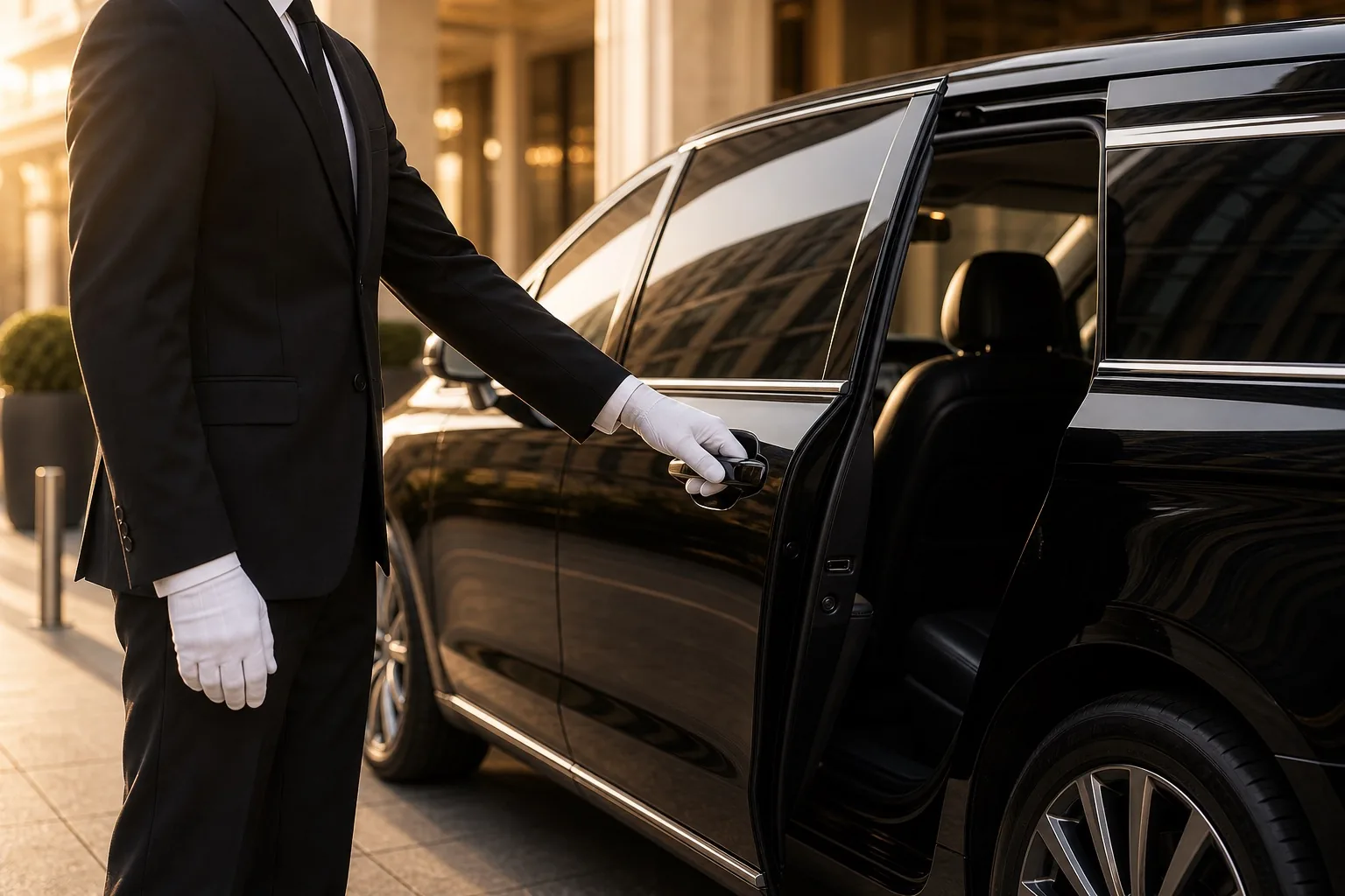 Chauffeur opening the door of a luxury vehicle for a passenger