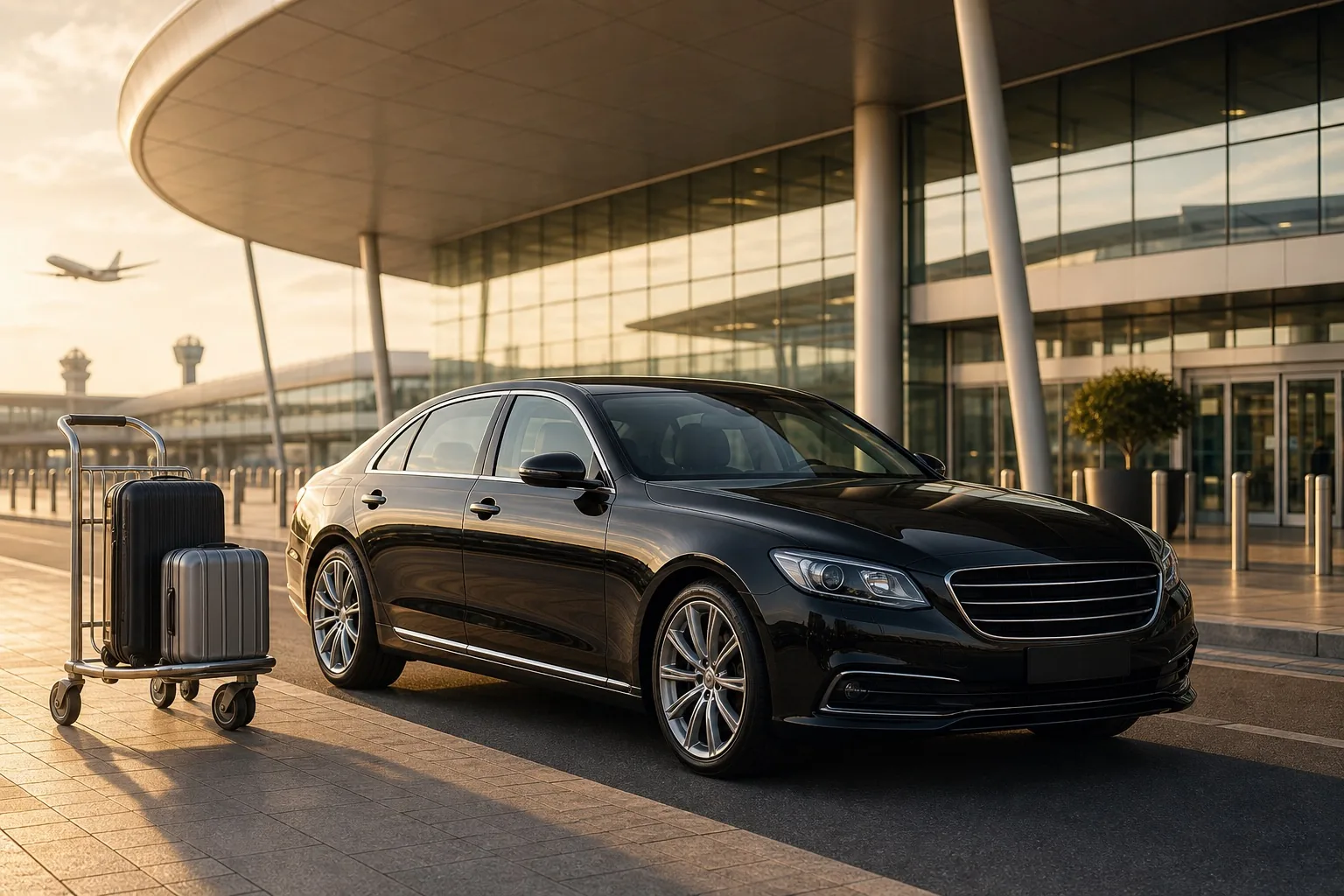 Black executive car waiting outside a modern airport terminal