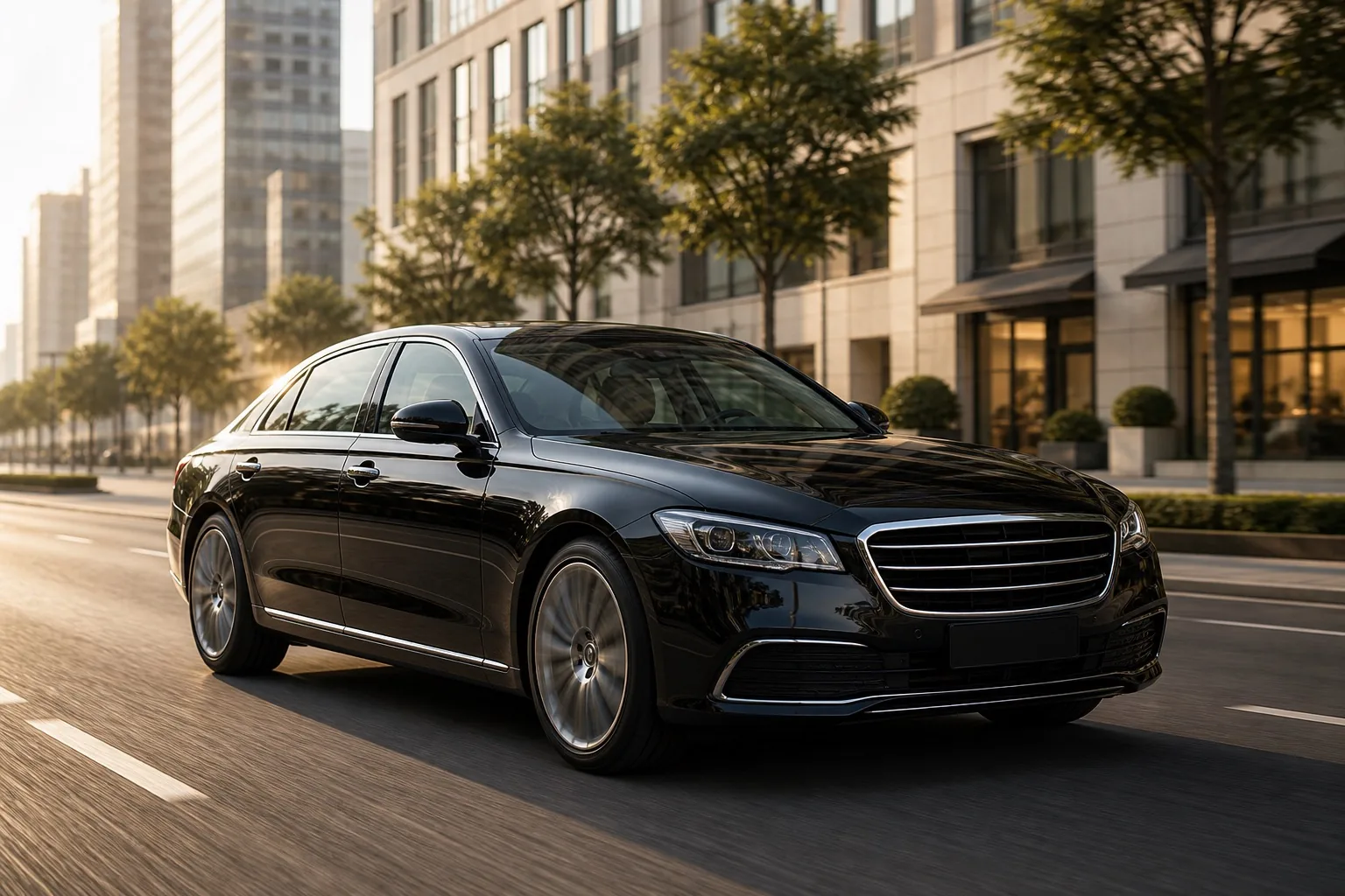 Luxury sedan driving through an upscale city boulevard