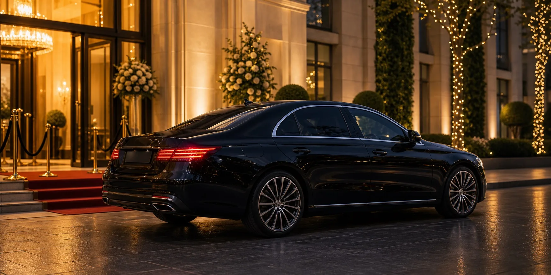 Luxury vehicle arriving at an evening event venue