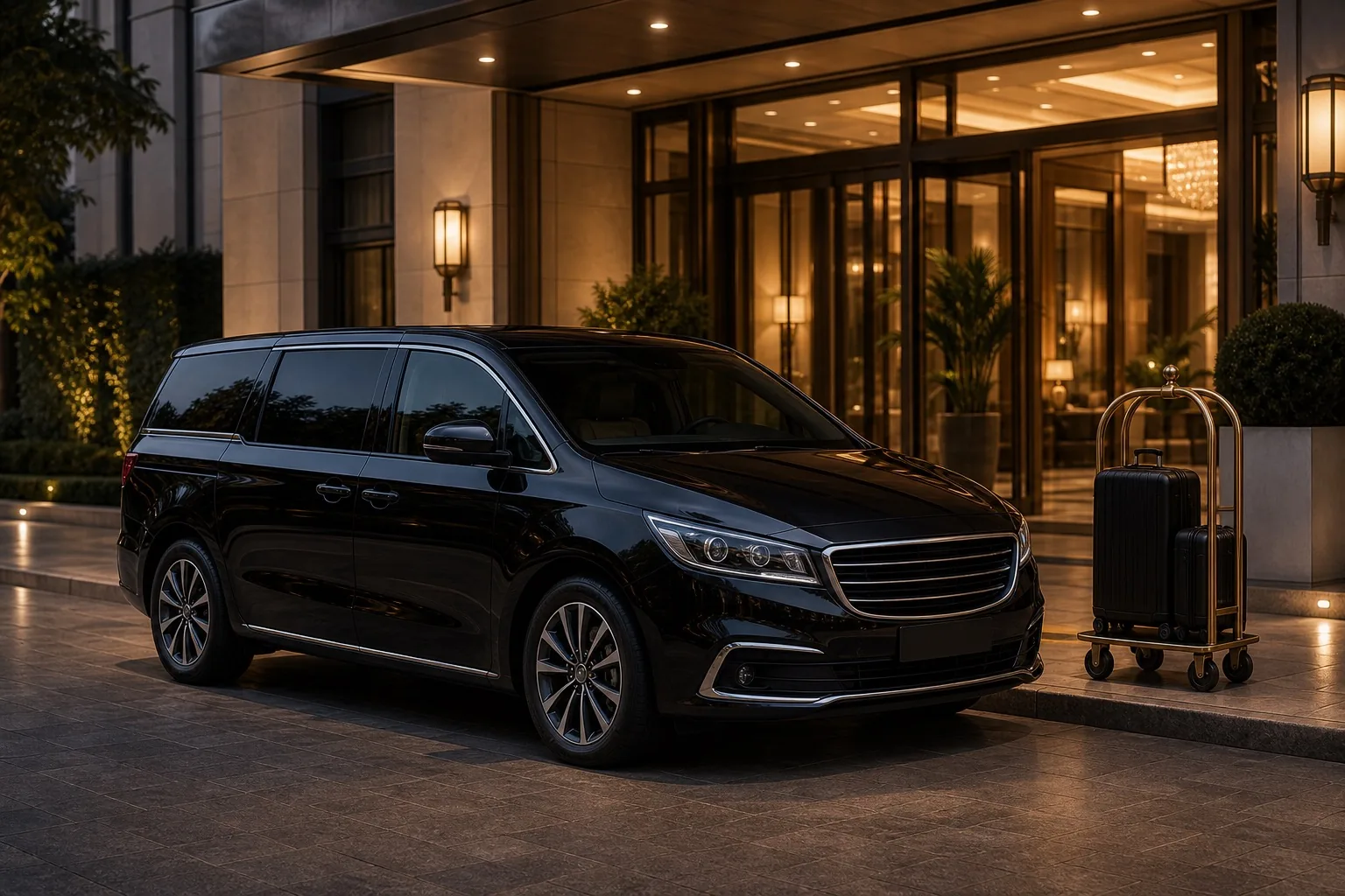 Chauffeur vehicle arriving at an elegant hotel entrance